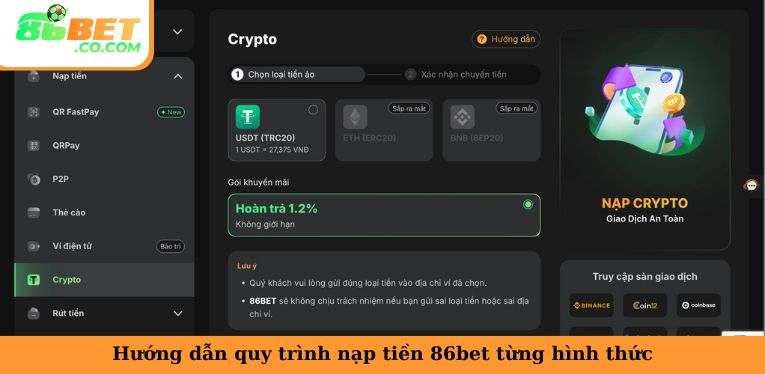 Hướng dẫn quy trình nạp tiền 86bet từng hình thức